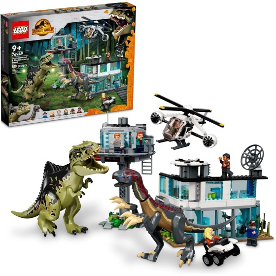 LEGO Jurassic World Giganotosaurus & Therizinosaurus Attack with 2 Dinosaur Toy Figures, ATV Car, Helicopter & Garage