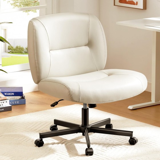 Marsail Criss Cross Chair with Wheels, Wide Mid-Back Comfy Armless Office Chair, Scratch-Resistant PVC Leather Cross Legged Desk Chair, Height Adjustable Vanity Computer Desk for Home Office
