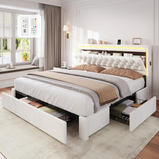 Queen Bed Frame with 5 XL Storage Drawers, Storage Headboard with RGB Lights & Power Outlet, Velvet Upholstered Platform Bed Queen Size, No Box Spring Needed, Creamy White