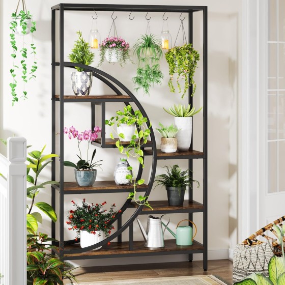 Tribesigns 7 Tier Indoor Plant Stand, 70.9" Tall Half Moon Shaped Plant Shelf with 6PC S Hanging Hooks, Industrial Large Flower Pots Display Rack for Home Garden, Balcony, Patio (Brown-1PC)